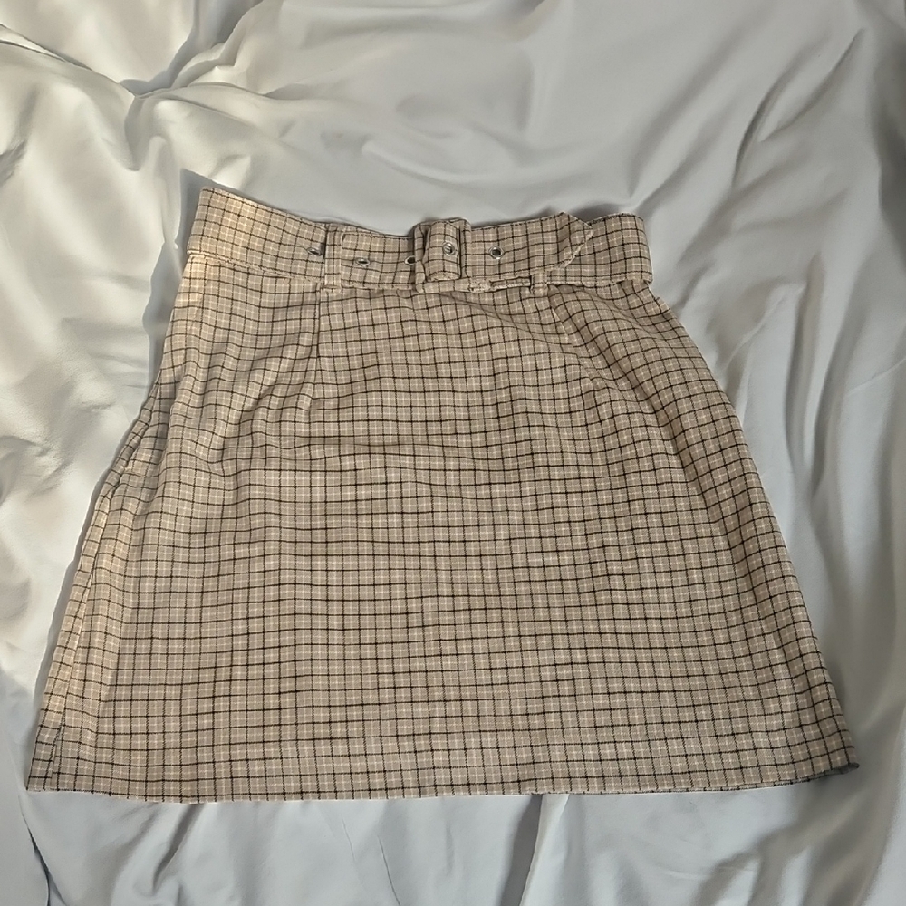 Divided Beige Plaid Mini Skirt